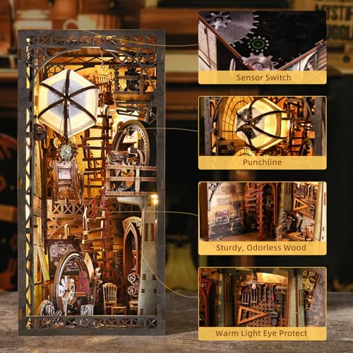 TOYQI Book Nook Kit, Book Nook Kits for Adults, DIY Miniature Dollhouse Kit 3D Wooden Puzzle Booknook Bookend with LED Light