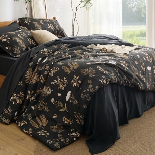 Bedsure Black Twin Comforter Set - 5 Pieces Floral Bedding Sets Twin Bed in a Bag with Reversible Botanical Flowers Comforter, Sheets, Pillowcase & Sham Bedsure