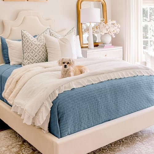 EVERGRACE x Kinsey Walsh Cross Stitch Pre-Washed Cotton Quilt Bedding Set Queen Size, Oversized 3 Pieces Lightweight Bedspread Coverlet for All Season, with 2 Matching Shams, Dusty Blue, 92"x96" EVERGRACEHOME