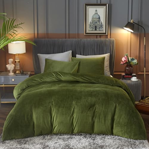 Ivellow Velvet Flannel Duvet Cover King Size Olive Green Comforter Cover Ultra Soft Breathable Cozy Velour Duvet Cover Solid Luxury Bedding Set Zipper Closure Corner Ties Ivellow
