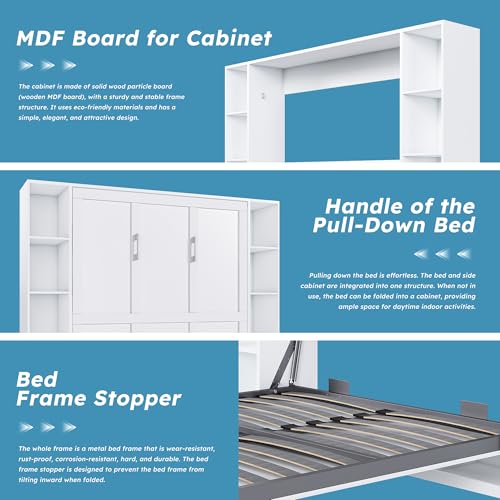 Hosnnile Queen Murphy Bed, 89.7'' Foldable Space-Saving Wall Bed with Storage Cabinet, Solid Hidden Metal Bed Frame with Wooden Bookcase Bookshelf for Bedroom, Guest Room Hosnnile