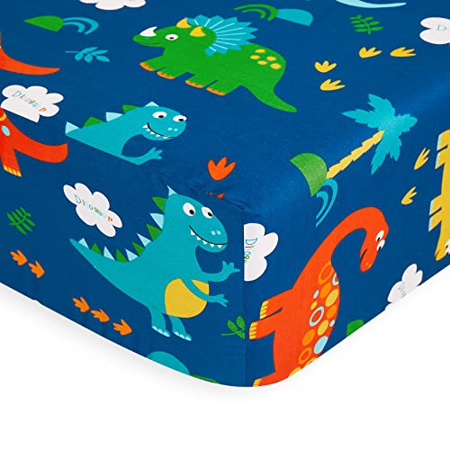 Wake In Cloud - Dinosaur Bed Sheets for Boys, 100% Cotton, 4-Piece Sheet Set Kids, Cute Colorful Cartoon Animal Leaf Tree Pattern Printed Bedding, Deep Pocket, Navy, Full Size Wake In Cloud