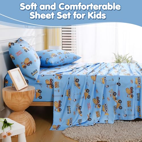 CIMVI Kids Twin Sheets Set for Boys Construction Car Excavator Bed Sheet 15-Inch Deep Pocket Fitted Sheet Soft Microfiber 3 Pieces Bedding with Pillowcase Fade Resistant Children Room Decor CIMVI