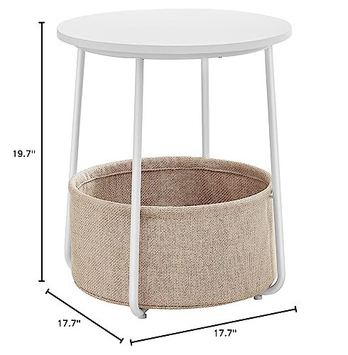 VASAGLE End Table, Small Bedside Table with Fabric Basket, Modern Nightstand, Round Side Table, for Living Room, Bedroom, Matte White and Camel Brown ULET223W10 VASAGLE
