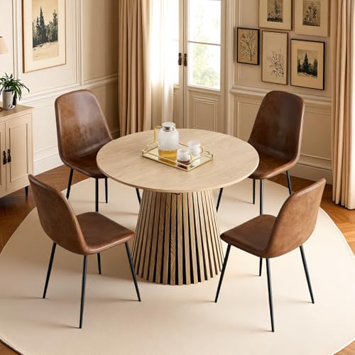39"-71"Extendable Dining Table Set for 6, Oval Wood Dining Room Table Set with Fluted Pedestal Base & Soft Suede Chairs, Mid-Century Modern Extendable Kitchen Table Set for 6 for Home, Space-Saving Rejeke