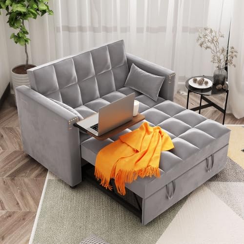 Convertible Sofa Bed, 3-in-1 Multi-Functional Velvet Sleeper Couch Pull-Out Bed, 48'' Loveseat Chaise Lounge with Adjustable Backrest and Pillows, Hidden Side Table for Living Room, Small Space ORRD