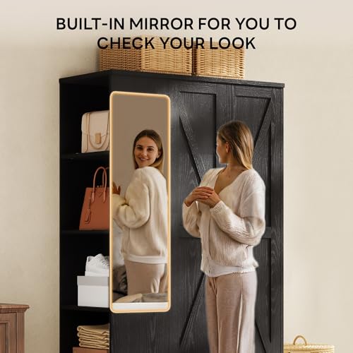 LIKIMIO Armoire Wardrobe Closet 70 Inches, Large Storage with Mirror, 2 Doors, Drawer, and Shelves, Modern Bedroom Freestanding Wooden Wardrobe Combination with Hanging Rail, Black LIKIMIO