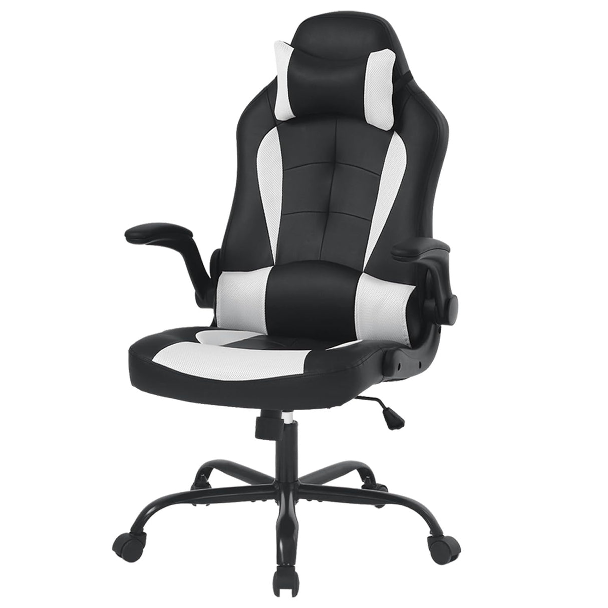 Ruesleag PC Gaming Racing Chair Ergonomic Office Computer Chair HIgh Back Video Racing Chair w/Lumbar Support Flip Up Arms Headrest PU Leather Study Desk Chair Executive Office Chair for Adults,White Ruesleag
