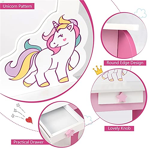 Costzon Kids Vanity Set with Mirror, 2 in 1 Wooden Princess Makeup Dressing Table with Detachable Top, Toddler Girls Vanity with Drawer & Stool, Pretend Play Vanity Set for Little Girls, Pink Costzon