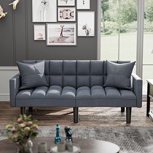 JUMMICO Modern Tuft Futon Sofa Bed Couch Convertible Loveseat Sleeper Reclining Futon Twin Size with Arms and 2 Pillows for Living Room (Blue) JUMMICO