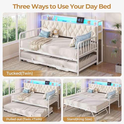 ADORNEVE Daybed with Trundle, Twin to King Daybed with Charging Station & LED Lights, Metal Trundle Bed Twin with Hidden Storage Headboard, Upholstered Sofa Day Bed for Living Room, Bedroom, White ADORNEVE
