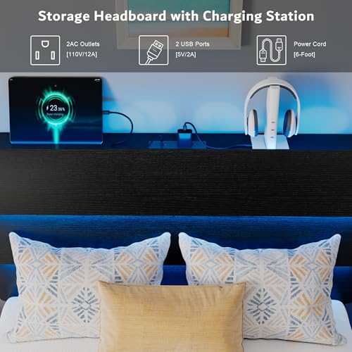 iPormis Floating Twin Size Bed Frame with LED Lights & Charging Station, Platform Bed with Wooden Storage Headboard, Heavy Duty Slats Support, No Box Spring Needed, Easy Assembly, Noise-Free, Black iPormis
