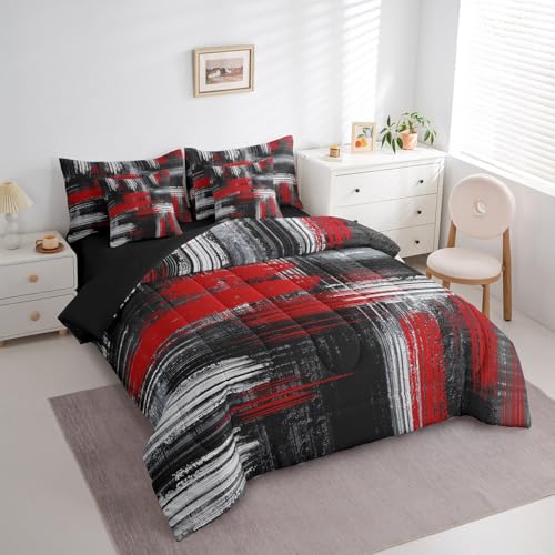 Feelyou Red Black, Grey 7 Piece Bedding Set Full, Abstract Graffiti Art Bed in a Bag Kids Modern Brush Design Bedding Sets with Quilted Comforter, Flat Sheet, Fitted Sheet, Pillowcases, Pillow Covers Feelyou