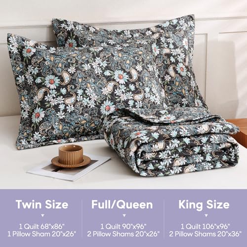 JSD Black Paisley Floral Quilt Set Twin Size, 2 Piece Printed Bedspreads Coverlet with Pillow Sham, Soft Microfiber Quilted Blanket JSD