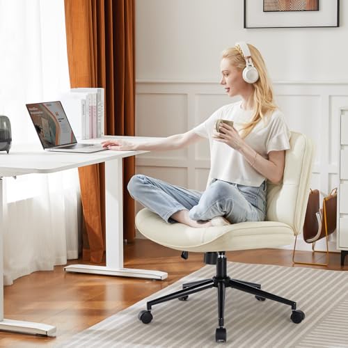 OLIXIS Criss Cross Chair with Wheels, Armless Wide Cross Legged Vanity Office Desk Chair with Comfy PU Leather& Back - Swivel for Home Office Bedroom, Beige OLIXIS