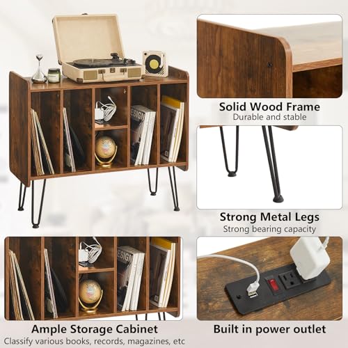 Leesingdo Large Record Player Stand with Vinyl Storage, Retro Brown Record Player Table with Power and USB Port, Holds Up to 200 Albums, Turntable Stand Vinyl Record Player Storage Cabinet Leesingdo