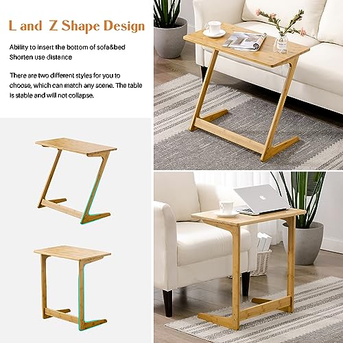 Zoopolyn Tv Tray Table Bamboo Tv Dinner Table Z Shaped end table for Sofa Couch Laptop Living Room Bedroom Natural Zoopolyn