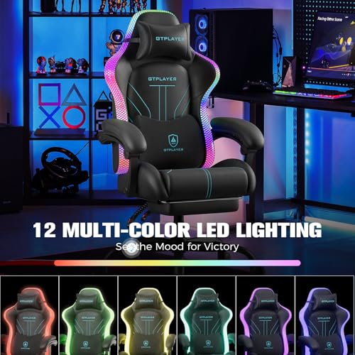 GTPLAYER Gaming Chair, Computer Chair with RGB LED Lights, High Back Ergonomic Chair for Adults with Footrest, Reclining Office Chairs, Linkage Armrest, Blue GTPLAYER