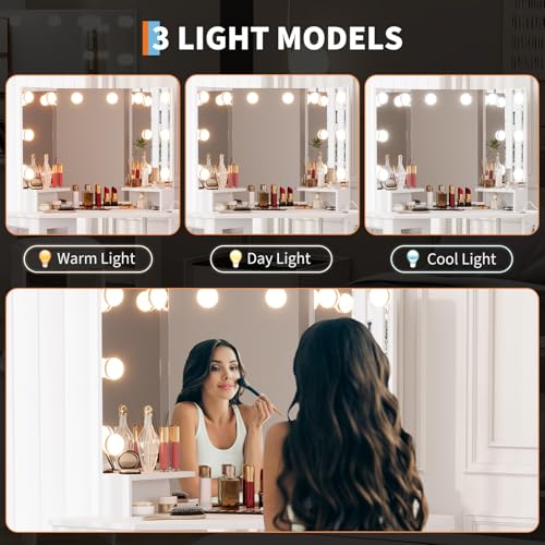 Garvee Corner Vanity Desk and Stool, Corner Makeup Vanity with Light Bulbs Mirror Charging Station and Cabinet for Bedroom, White Garvee