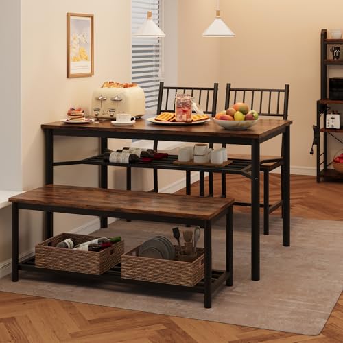 Garvee Dining Table Set for 4 with Bench and Chairs, 4-Piece Kitchen Table Set with Storage – Space-Saving Dining Table for Apartments and Dining Rooms, Brown Garvee