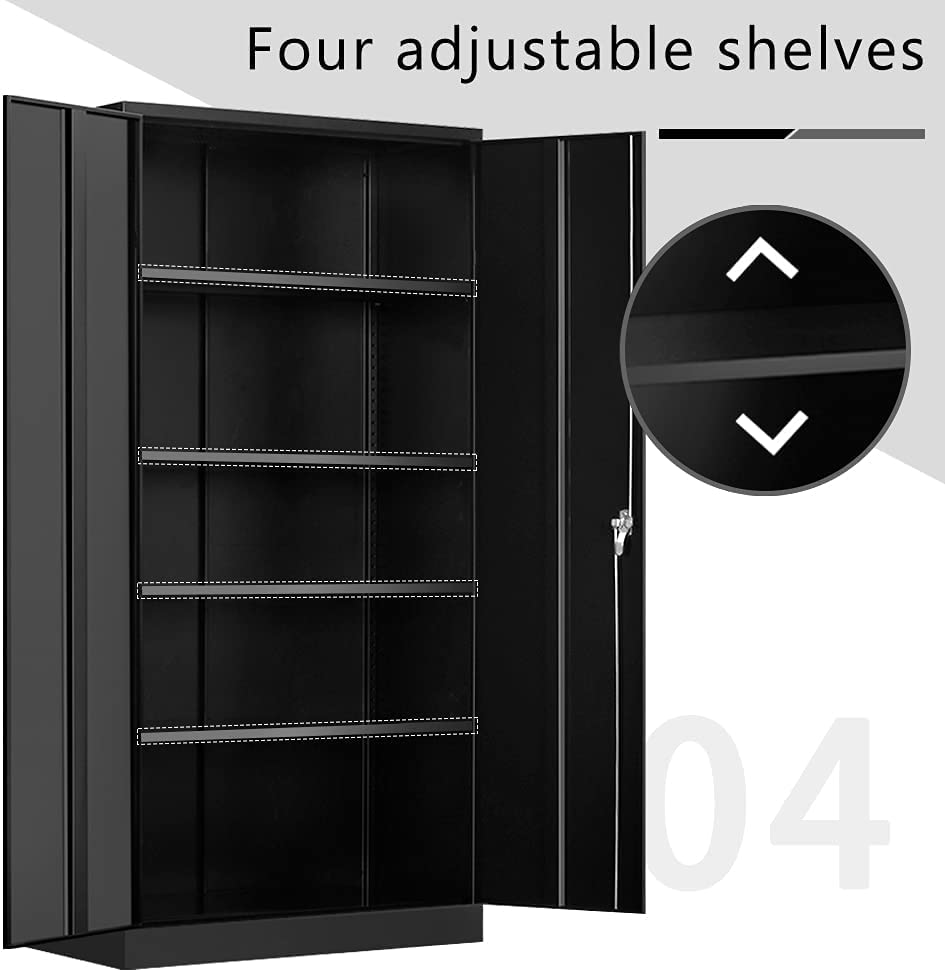 Majnesvon 72" Storage Cabinet Locking Metal Storage Cabinet with 4 Adjustable Shelves,Black Metal Cabinet with 2 Doors and Lock for Office, Garage, Home (Black) Majnesvon