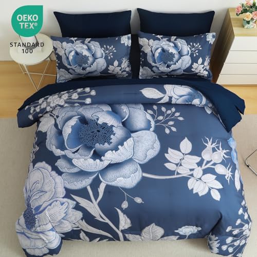 Luxudecor Floral Comforter Set Queen Size 7 Pieces Bed in a Bag,Flower Print on Blue Bedding Set,Soft Microfiber Bedding Set for All Season (Blue,90"x90") Luxudecor