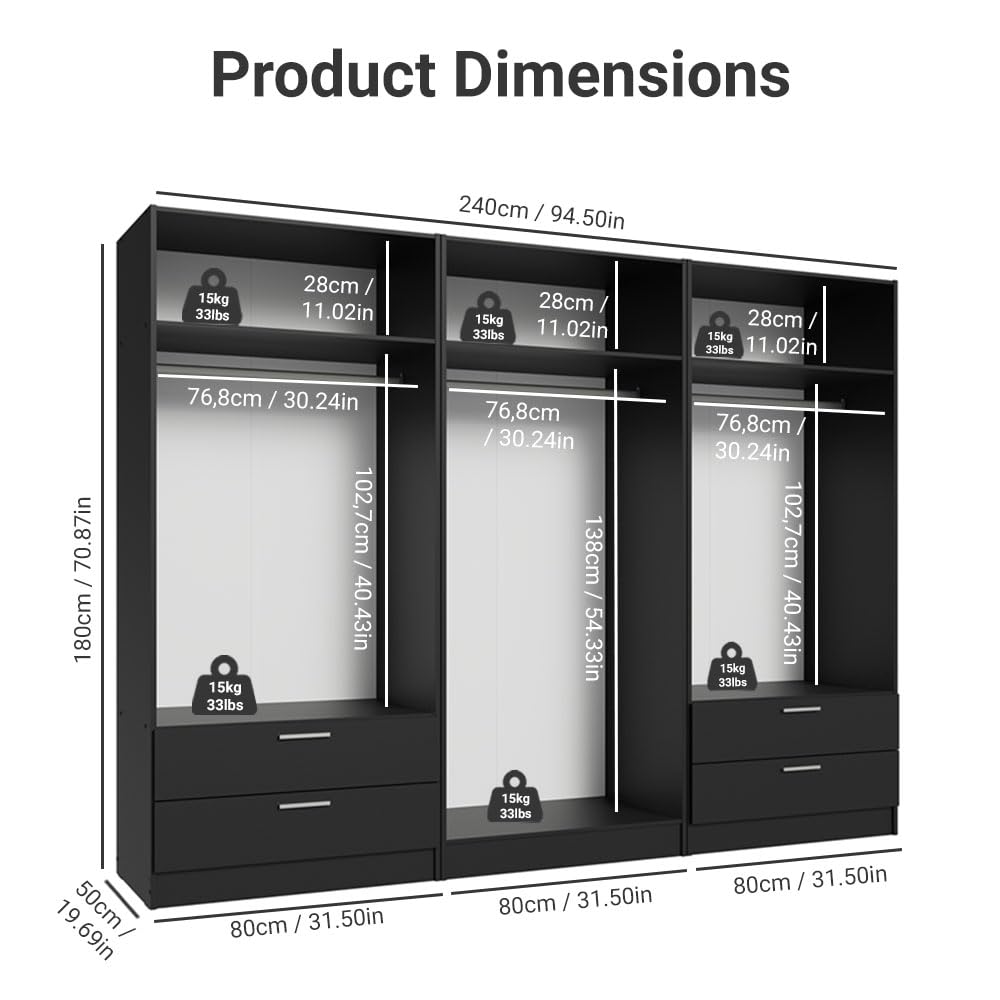 Madesa 6 Doors 4 Drawers Wardrobe Set Armoire Closet Bedroom Storage Cabinet with Shelves and Hanging Space 94" L Wooden Clothing Organizer Unit (Black) Madesa