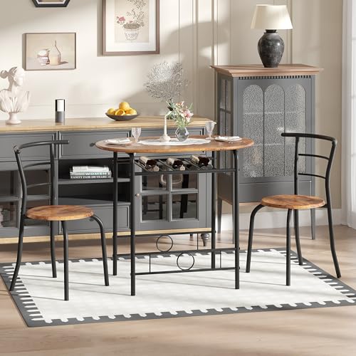 VECELO 3-Piece Dining Table Set for Kitchen Breakfast Nook, Wood Grain Oval Tabletop and Metal Frame with Built-in Wine Rack, for Small Spaces, Antique Brown & Black VECELO