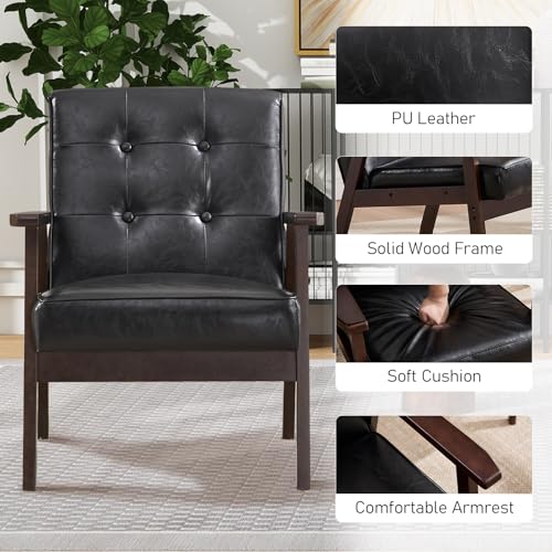 Bonzy Home Mid Century Modern Accent Chairs Set of 2 for Living Room, Upholstered Faux Leather Armchair Comfy Retro Bedroom Side Chair with Solid Wood Frame, Black Bonzy Home