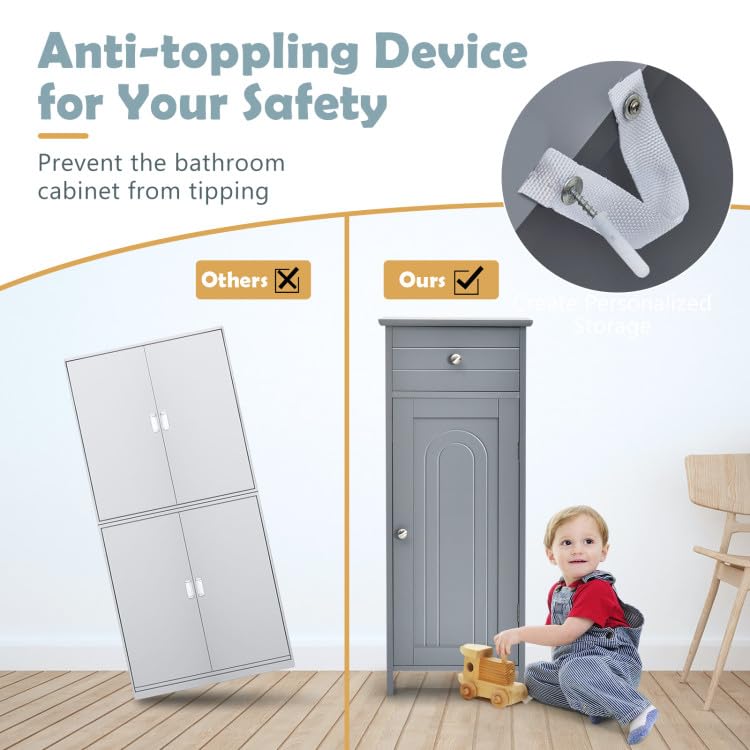 GOFLAME Freestanding Grey Bathroom Storage Cabinet with Large Drawer and Adjustable Shelves GOFLAME