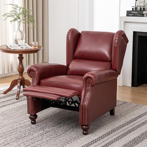 SHINE FURNISHING Genuine Leather Recliner Chair with Nailhead Trim, Mid Century Modern Push Back Recliner with Thick Cushioned Seat, Single Sofa & Accent Chair for Living Room (Burgundy)