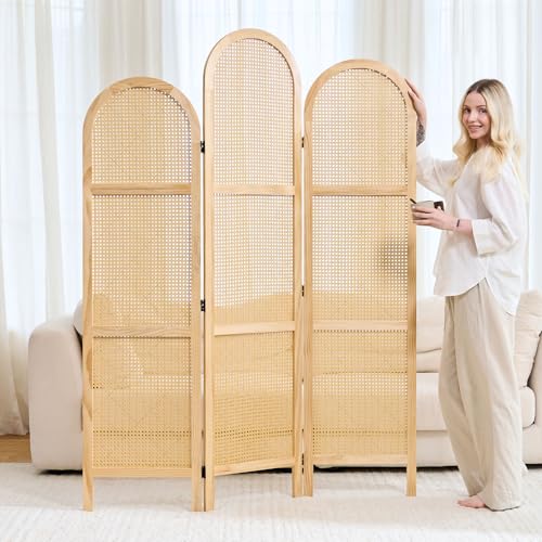 Svimi Folding Room Divider 3 Panels, 5.6 Ft Double Hinged Rattan and Pine Wood Privacy Screen, Freestanding Partition for Bedroom, Living Room, Home Office Decor (Natural-Wave, 3 Panels) Svimi