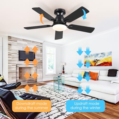 Ceiling Fans with Lights- 46" Low Profile Indoor Ceiling Fan with Light and Remote/APP Control, Flush Mount, LED Dimmable DC Reversible Modern Ceiling Fan for Bedroom(Black) Mpayel