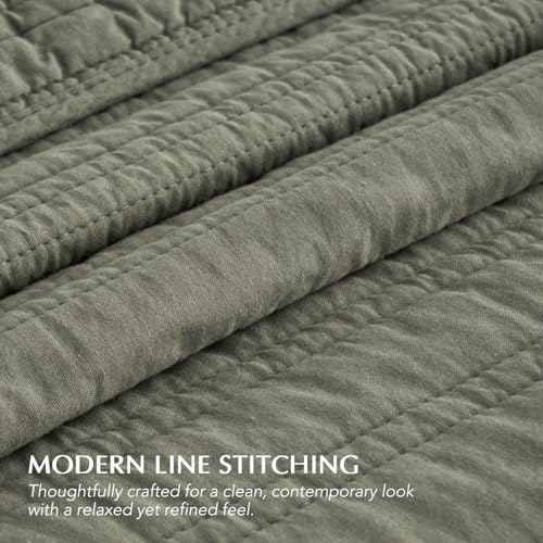 EVERGRACEHOME 100% Cotton Modern Lines Quilt Set Queen Size, Pre-Washed Soft Striped Coverlet Bedspread, 3 Piece Lightweight Bedding Set for All Season, with 2 Pillow Shams, Olive Green EVERGRACEHOME