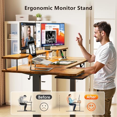 OffiGo U Shaped Electric Standing Desk with Keyboard Tray, 55 Inch Height Adjustable Desk with Power Outlets & LED Lights, Sit Stand Table with Monitor Stand for Home, Office, Rustic Brown OffiGo