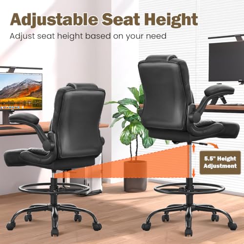 Ergonomic Drafting Chair,Tall Office Chair for Standing Desk with Flip-Up Armrests,Adjustable Foot Ring & Height, High Leather Executive Office Chair for Home,Drawing or Counter Height Use KWKSV