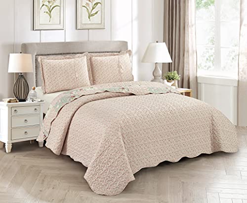 Brilliant Sunshine Rose and Sage Quilt Set, 3-Piece Bedding Sets, Traditional Patchwork Design, Washable and Reversible Bedspread, Soft Lightweight Coverlet, All-Season, Full/Queen, Light Pink Green Brilliant Sunshine
