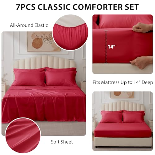 Velorose Queen Comforter Set Red - Bed in a Bag Queen Size 7 Pieces, Soft Bedding Set for All Seasons, Christmas Premium Queen Comforter Set with Comforter, Sheets, Pillowcases & Shams Velorose