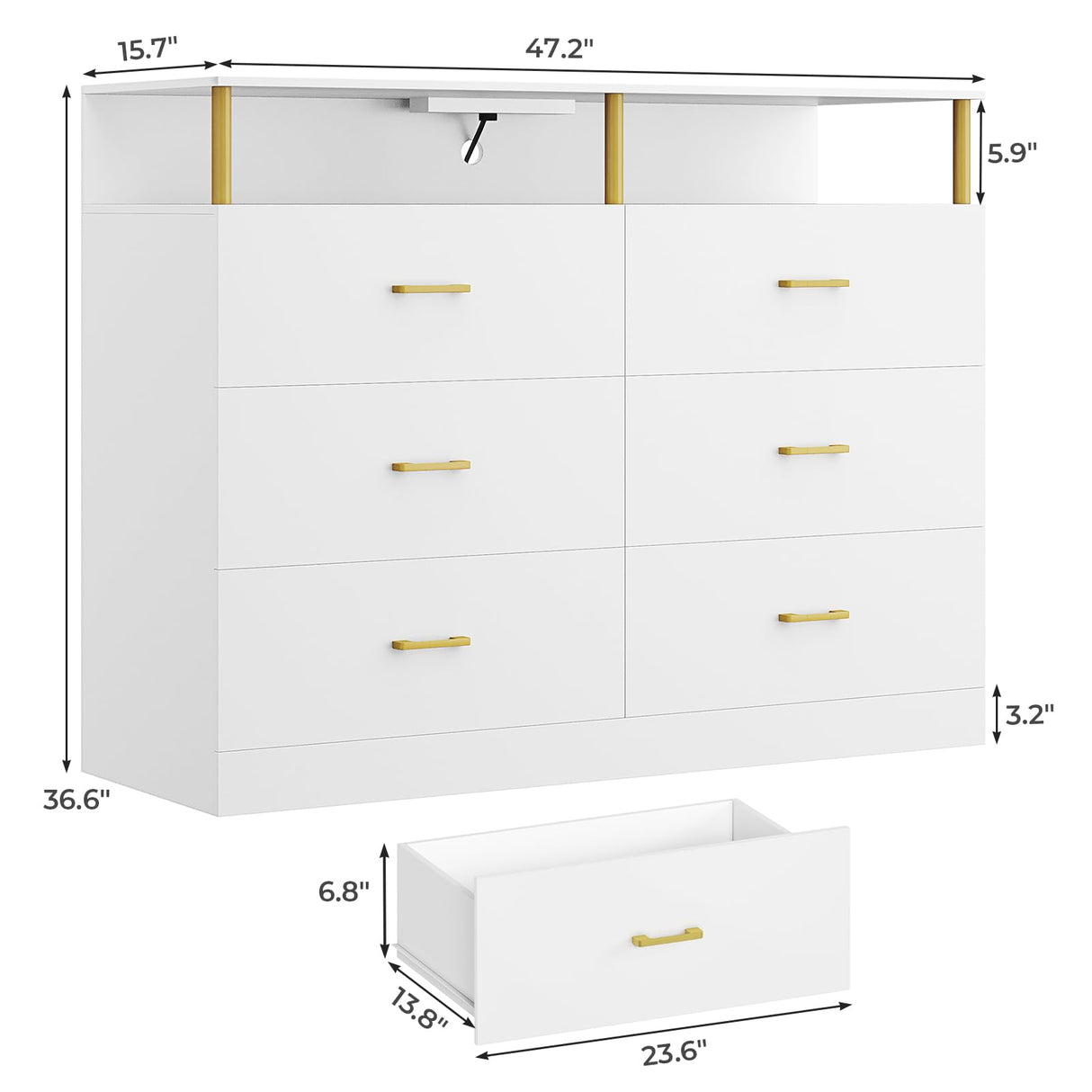 AOGLLATI White Dresser for Bedroom with Column Design, Charging Station, Modern 6 Drawer Wide Led Dresser for Bedroom,White AOGLLATI