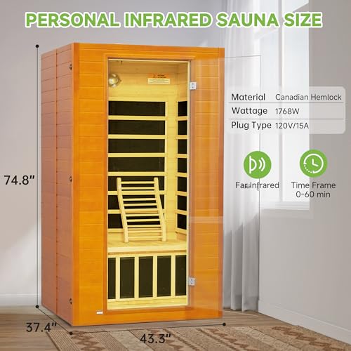 Real Relax Far Infrared Sauna for Home, 1 to 2 Person Indoor Home Sauna with Low Emf Red Light Therapy, Canadian Hemlock Wooden Dry Saunas Room with Bluetooth Speakers, 9-Color Chromotherapy Lights Real Relax