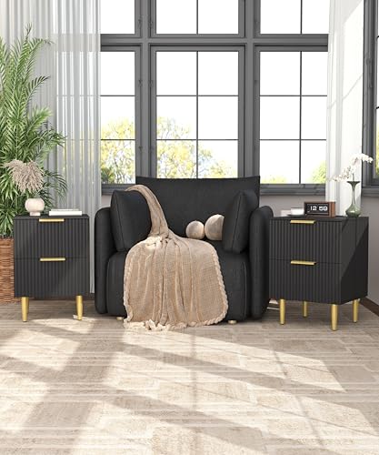 Akxomel Black Nightstand Set of 2, Fluted Night Stand with Charging Station, 13.8" D x 15" W x 23.2" H, 2 Drawers Modern Bedside Table with USB Ports and Outlets, Golden Side Table for Bedroom Akxomel