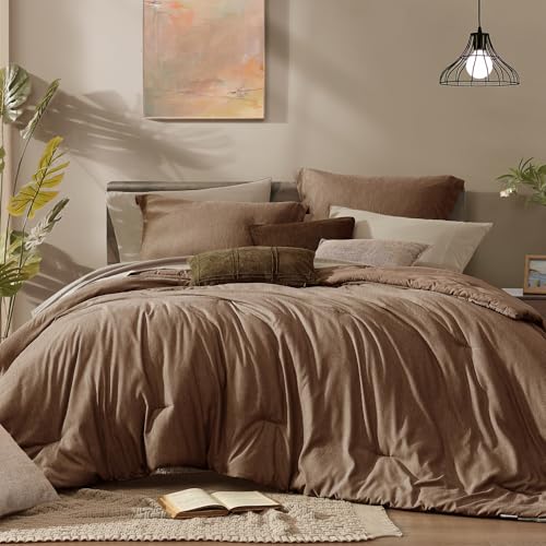 Monbix King Size Comforter Set, Brown King Bedding Set Reversible, King Comforter Set 7 Pieces, Cationic Dyeing Bed in a Bag with Comforter, Sheets, Pillowcases & Shams Monbix