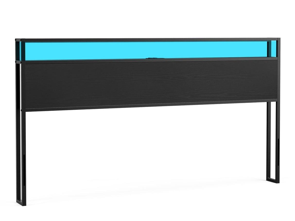 IKIFLY King Size LED Storage Headboard with Charging Station – Stylish Black Metal and Wood Design for Easy Bedroom Assembly IKIFLY