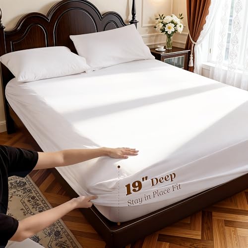 LBRO2M 100% Cotton Sheets Set Deep Pocket 19", 1000 Thread Count Queen Size 4 Piece Bed Sheet Sets Soft Comfortable Bedding All Season (Queen, White) LBRO2M