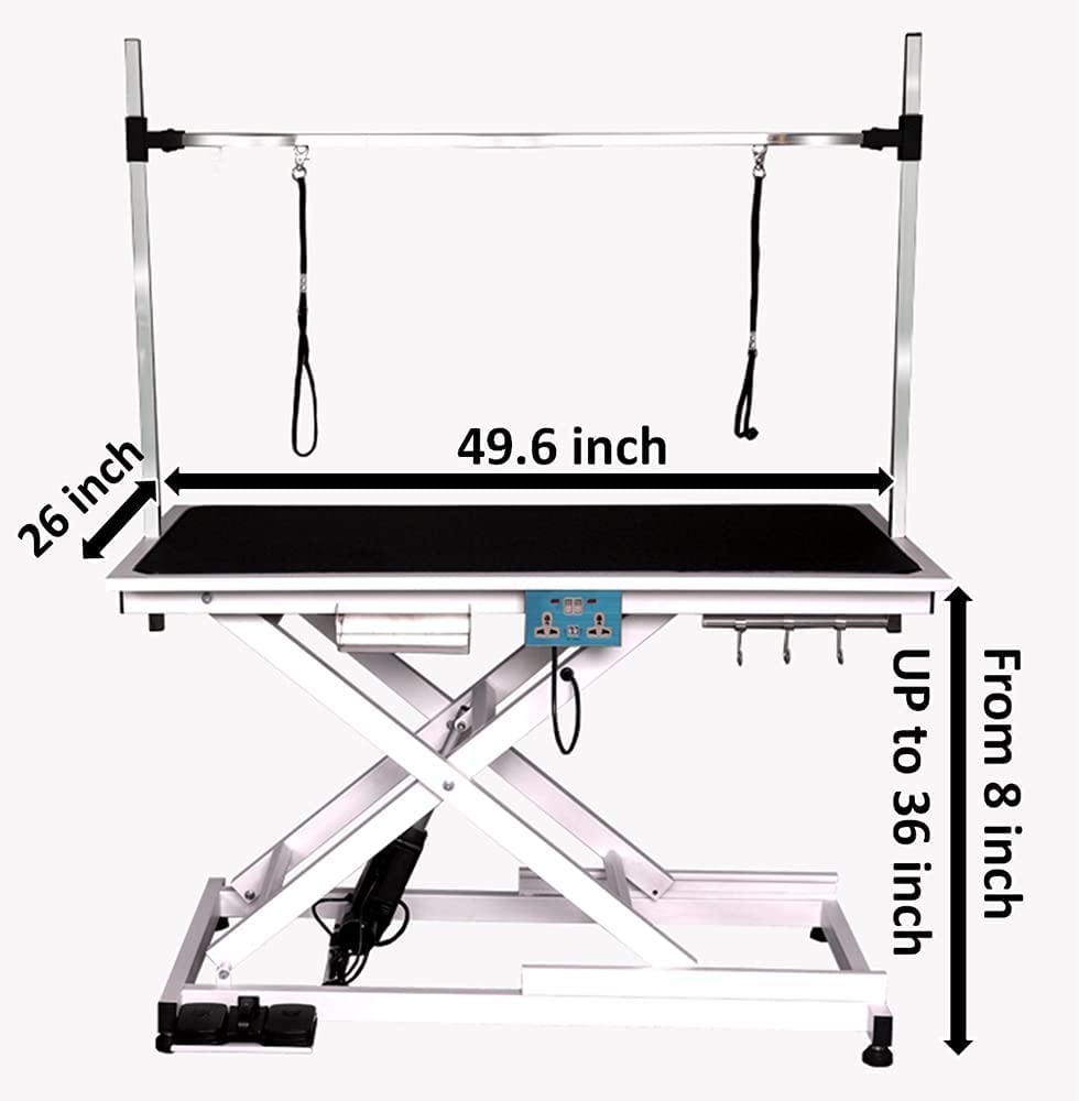mydearpet Electric Dog Pet Grooming Table for Large Dogs, Heavy Duty X Lift Pet Grooming Table, Height Adjustable with Double Arms and Non-Slip Rubber Tabletop, 50''/White mydearpet
