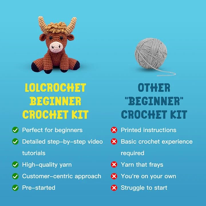 Highland Cow Crochet Kit for Beginners Intermediates - 2 Pcs Animals Craft Crochet Starter Kit with Step-by-Step Video Tutorial, Easy Knitting Set for Adults Kids, Women Learn to Crocheting Gift Idea LOLCROCHET