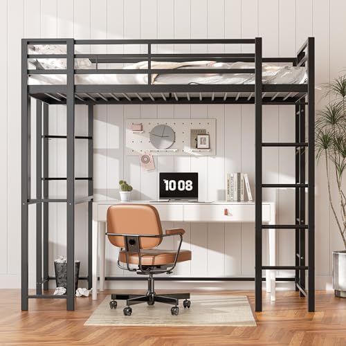 Shintenchi Full Size Loft Bed with Desk, Metal Frame with 2 Side Ladders, Storage Shelves, Safety Guardrail, Noise Free & Anti-Tilt Design, Space-Saving for Kids/Teens/Adults, Black Shintenchi