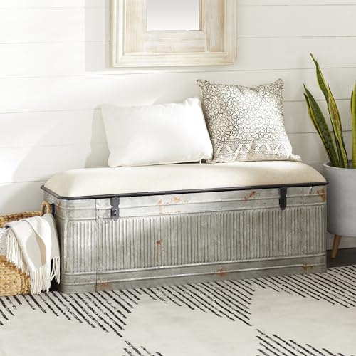 Deco 79 Metal Room Storage Bench Galvanized Entryway Bench with Cream Burlap Top, Bench 50" x 16" x 18", Gray Deco 79