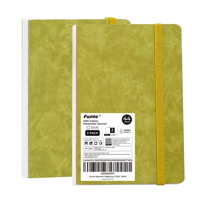 Funto Watercolor Journal, 7.5x5, 2 Packs, 44 Pages Each, Cold-Pressed 100% Cotton,PU Leather Green Cover, Art Supplies for Mixed Media Funto