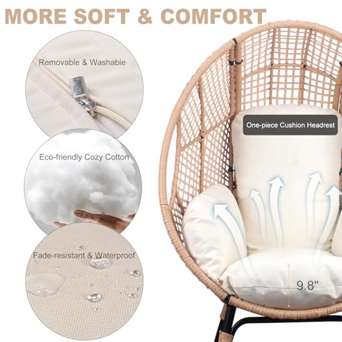 CHINNLUU Outdoor Egg Chair Wicker Oversized Egg Basket Chair with Stand Lounger Chairs with Cushion 500lbs Capacity for Patio Garden Backyard Balcony (Ivory - Plaid, 1 PCS) CHINNLUU